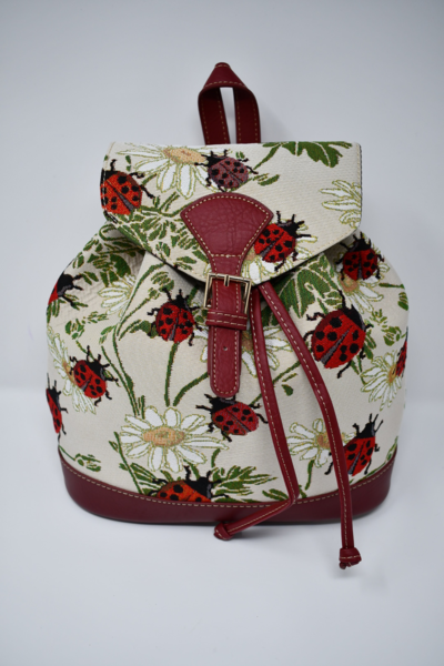 Tapestry Small Back Pack - Ladybug and Flower Pattern - Beige Color – Front Buckle Back Pack