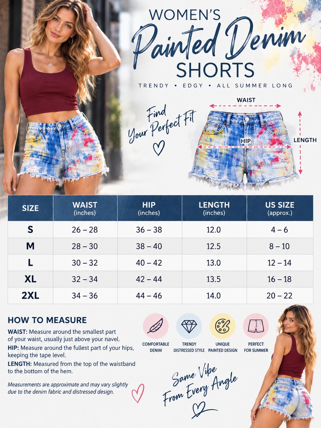 Painted Denim Shorts Womens Ripped Frayed Colorful Edgy Festival Street Style thumbnail