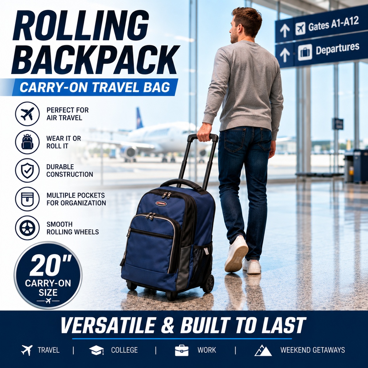 Rolling Backpack Carry On Luggage 20" Travel Bag with Wheels Large Navy thumbnail