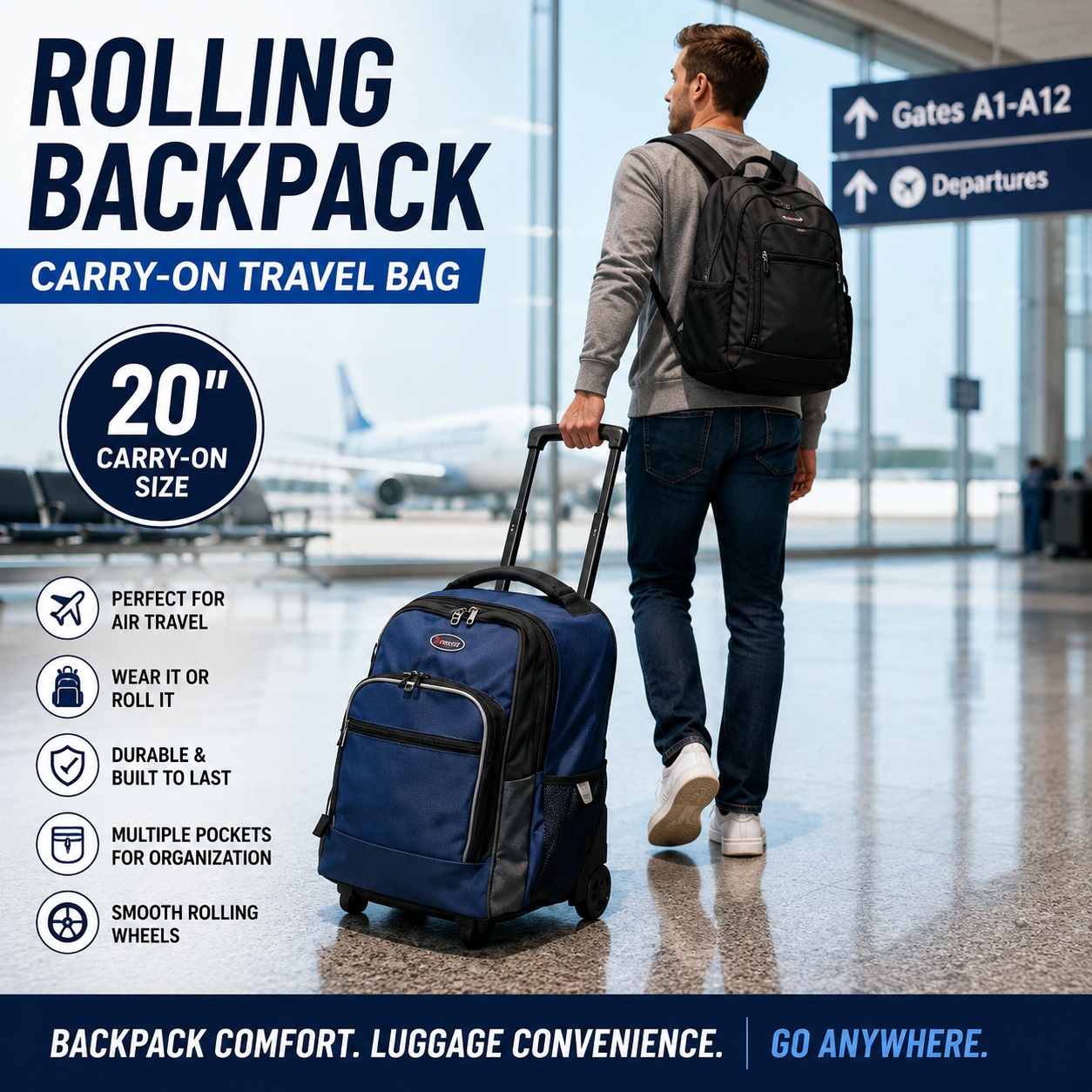 Rolling Backpack Carry On Luggage 20" Travel Bag with Wheels Large Navy thumbnail