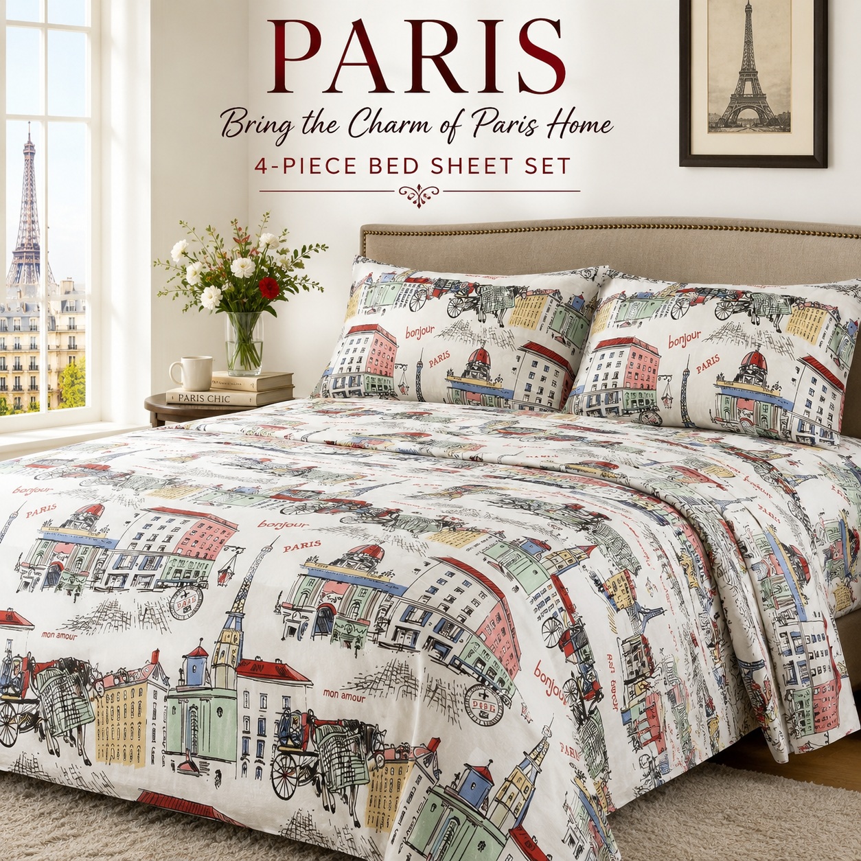 Generic Paris Eiffel Tower Bed Sheet Set 4 Piece Full Queen King French Print Bedding thumbnail