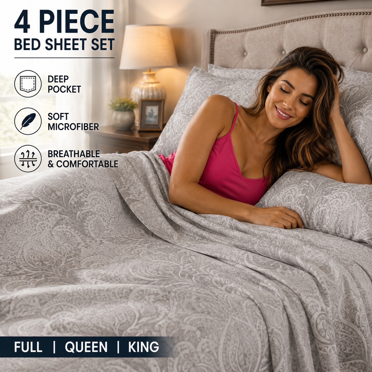 Gray Printed Bed Sheets Set 4 Piece Deep Pocket Full Queen King Size Beds thumbnail