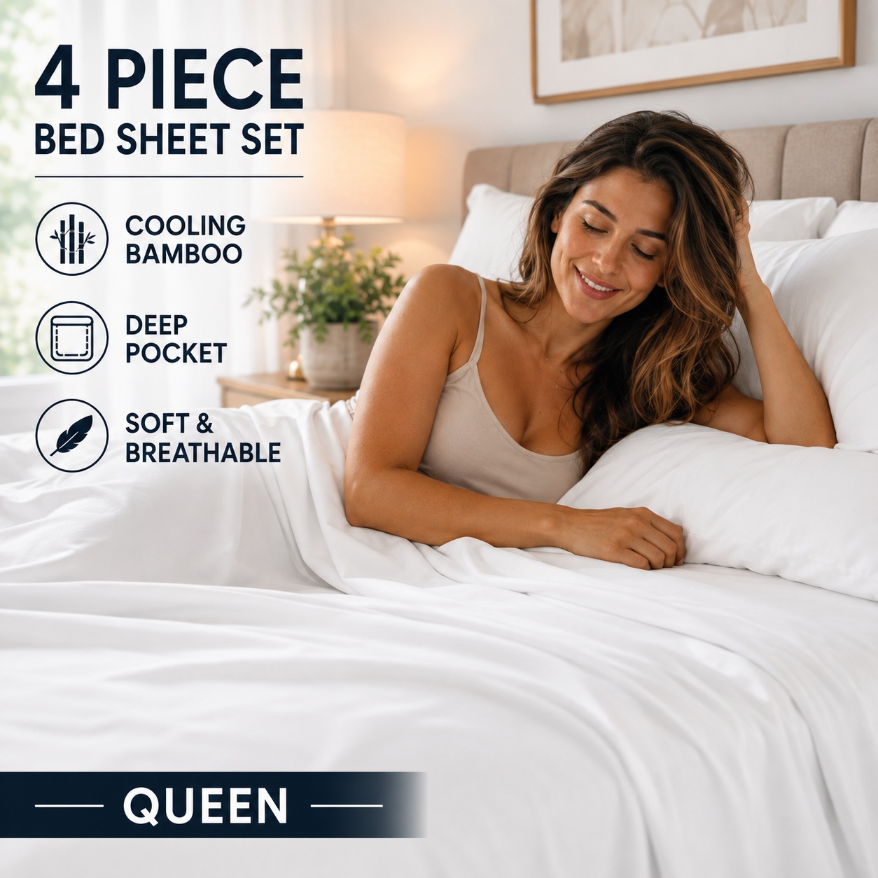Bamboo Queen Sheet Set 4 Piece Cooling Deep Pocket Soft White Breathable thumbnail