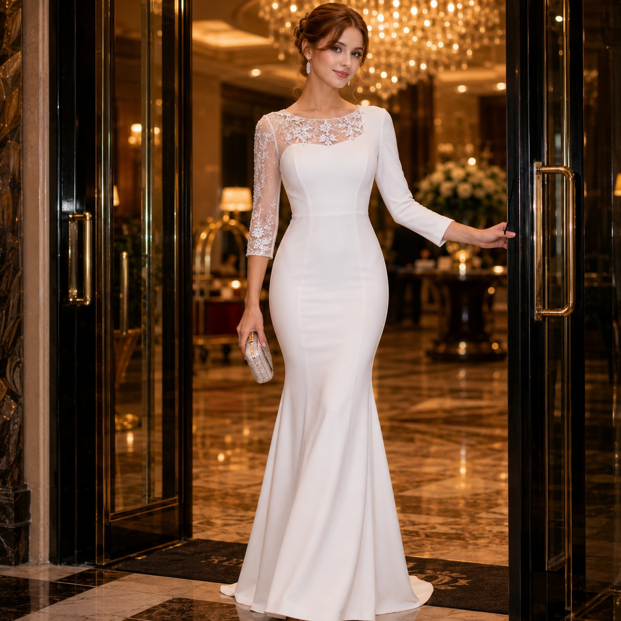 White Evening Gown 3/4 Sleeve Lace Detail Wedding Guest Formal Dress thumbnail