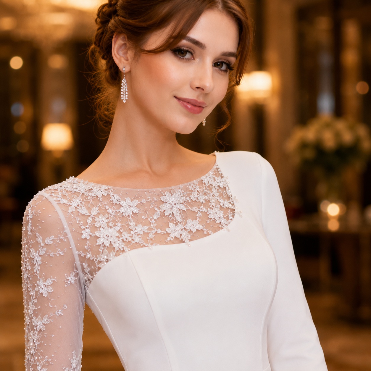 White Evening Gown 3/4 Sleeve Lace Detail Wedding Guest Formal Dress thumbnail