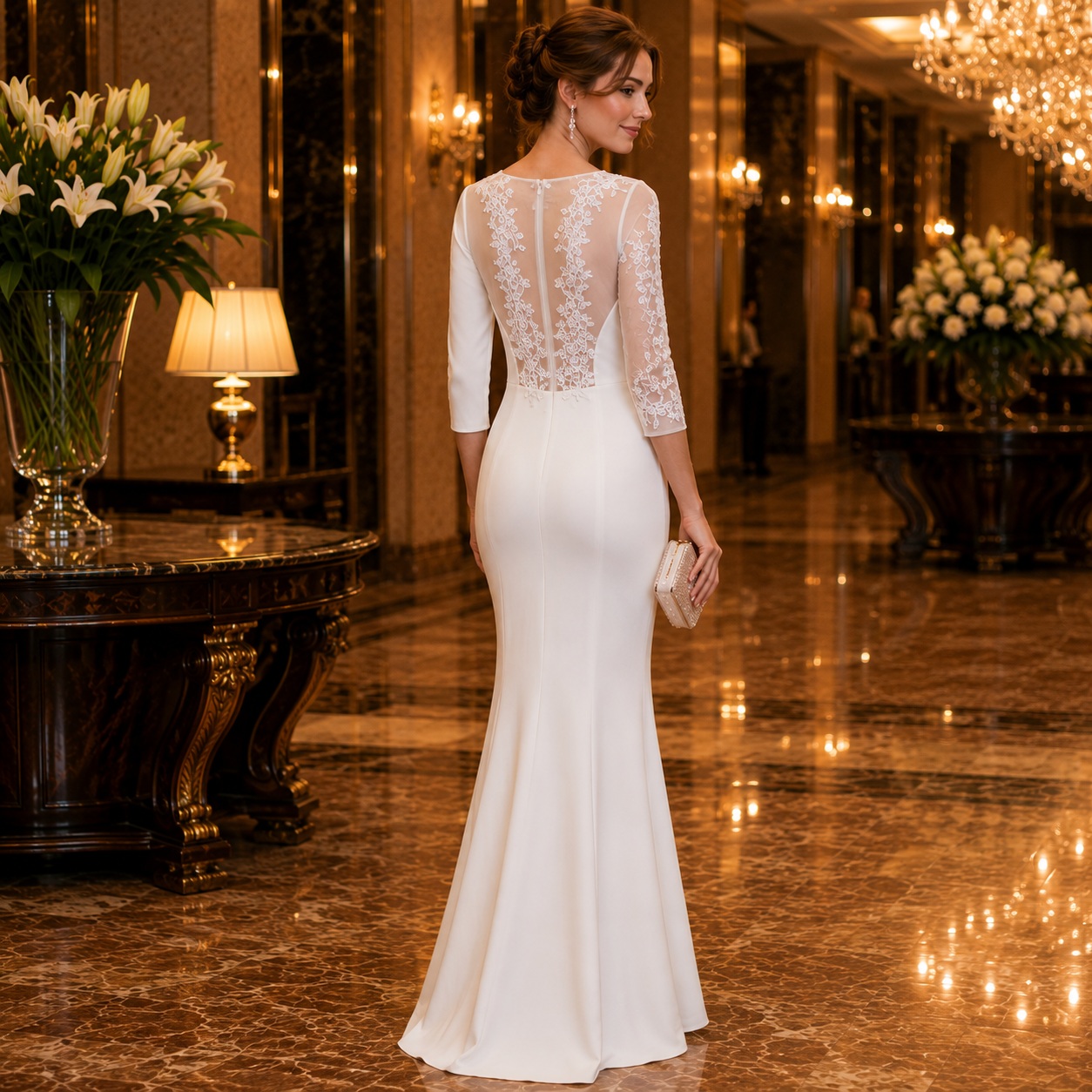White Evening Gown 3/4 Sleeve Lace Detail Wedding Guest Formal Dress thumbnail