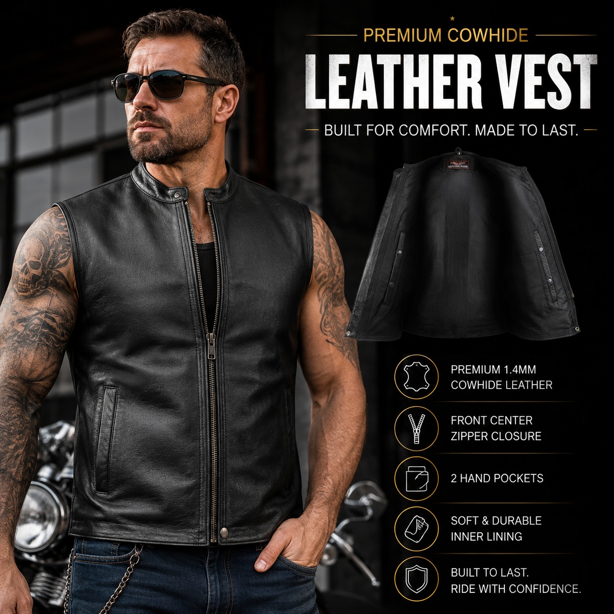 Men's Premium High Motorcycle Biker Concealed Carry Black thumbnail