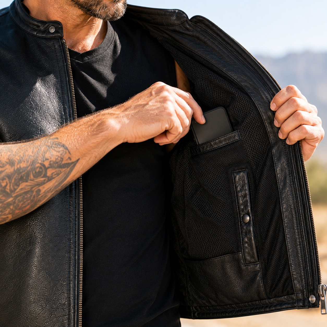 Men's Premium High Motorcycle Biker Concealed Carry Black thumbnail