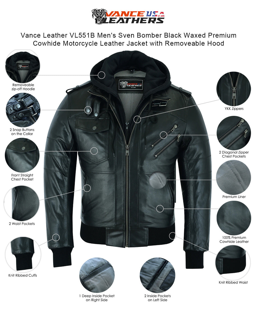 Vance Leathers' Men's Features : 100% Premium Cowhide LEATHER: is made of 100% Cowhide Leather to thumbnail