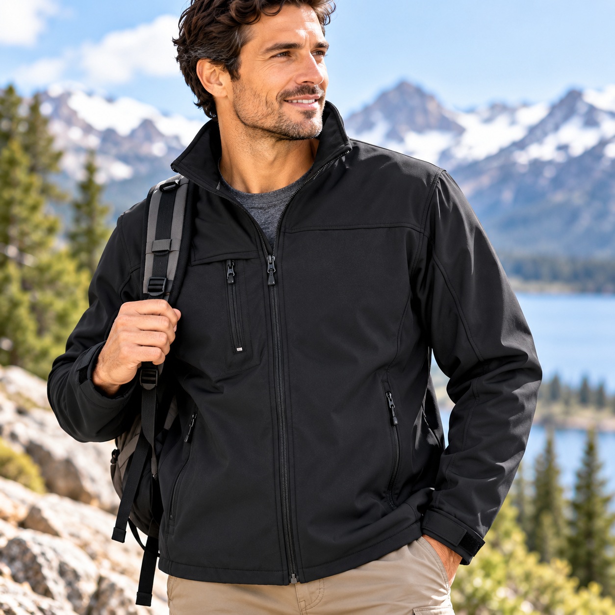 Black Waterproof Lightweight Zipper Front Soft Shell Jacket Made of Durable thumbnail