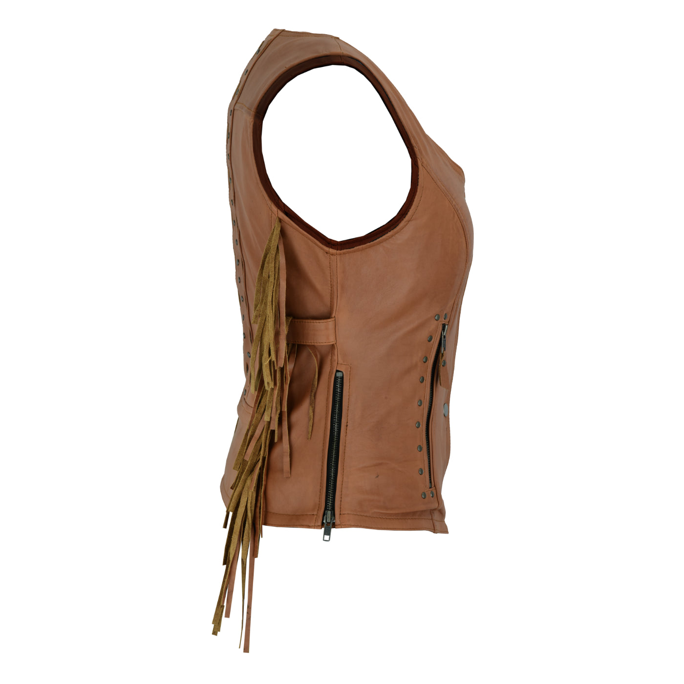 Ladies Premium Brown Soft Vintage Leather Concealed Carry Motorcycle Vest Buckle Strap thumbnail