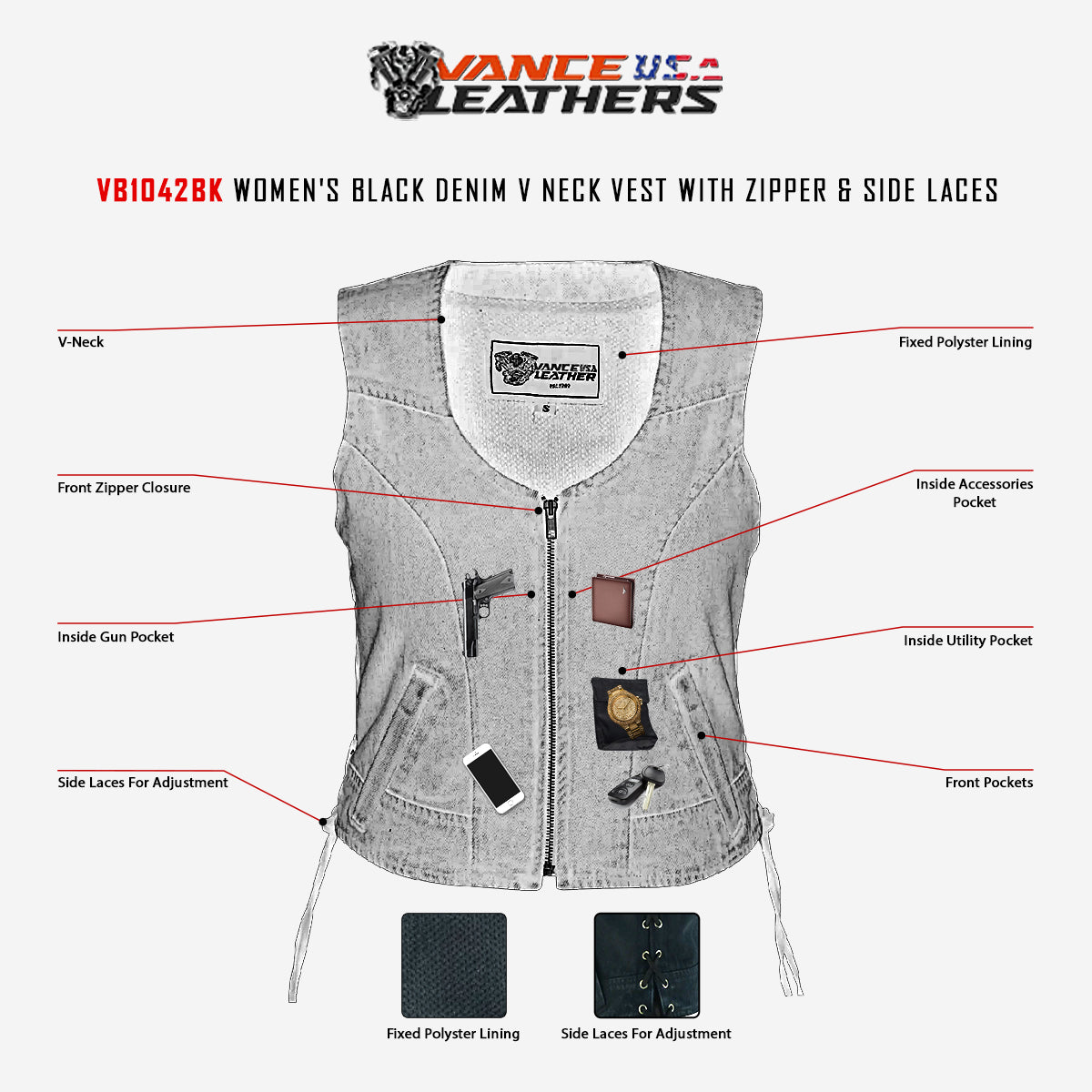 Women's Black Denim Women\'s 8 Pocket Vest that comes fully lined. Features: Vest Fully thumbnail