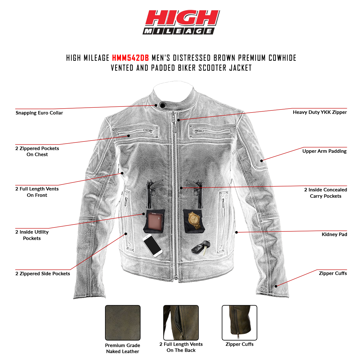 High Mileage Men's This fine lined vented scooter jacket is made from distressed brown premium thumbnail