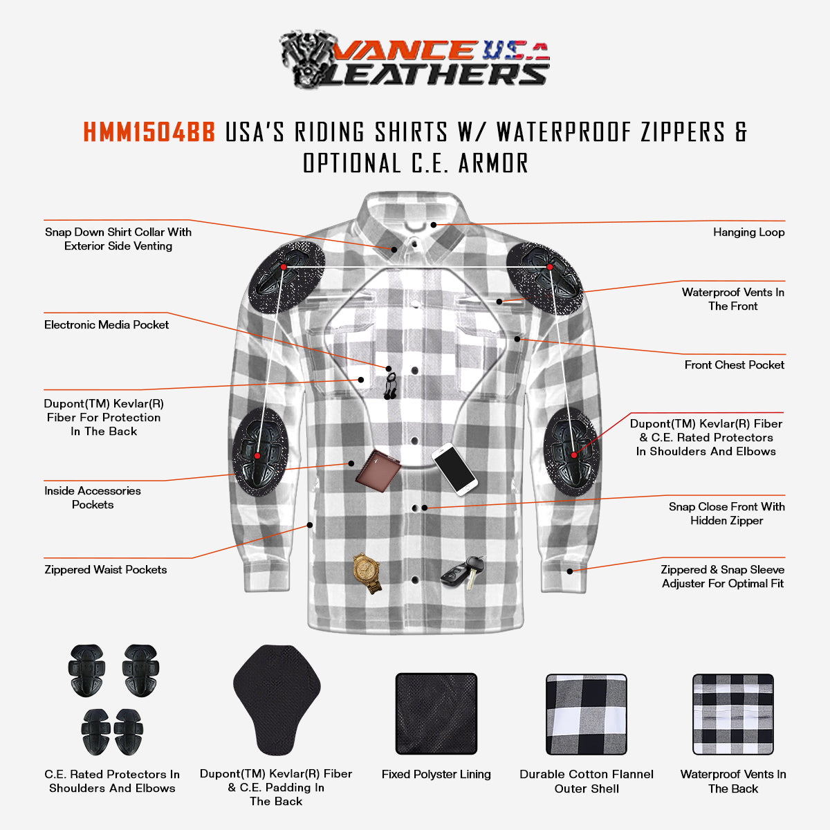 Vance Leathers USA s USA s Riding Shirts Waterproof Zippers Optional C.E. Armor thumbnail