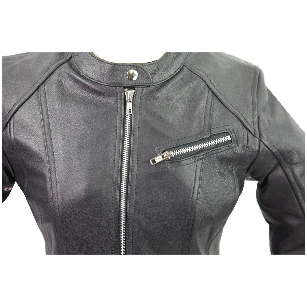 Vance Leather Ladies Premium Leather Biker 7 Pocket Euro Collar OR No Collar Naked Scooter thumbnail
