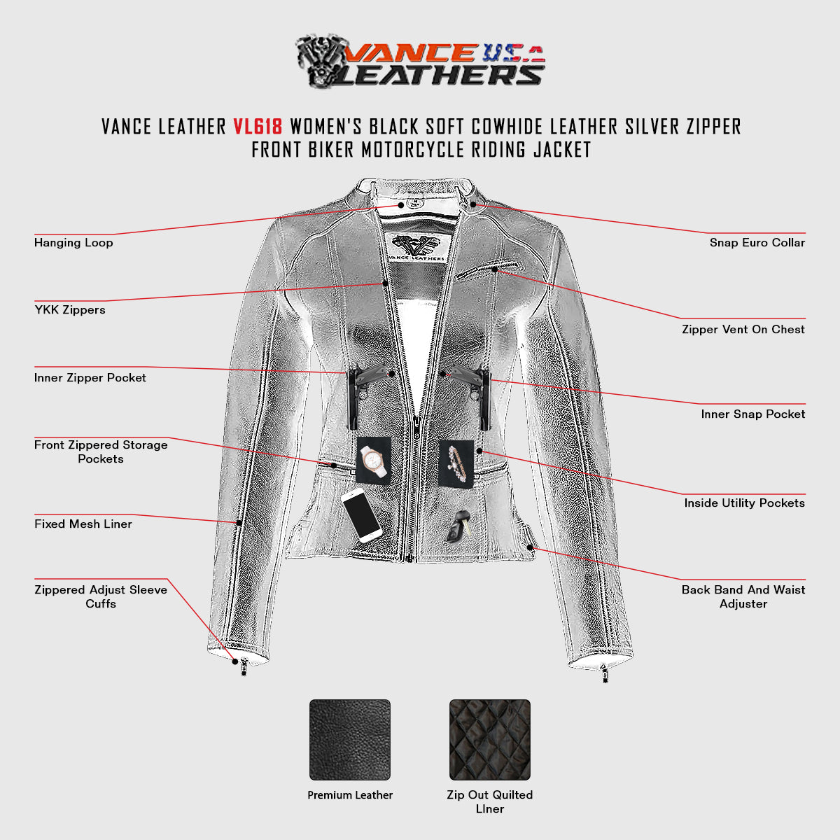 Vance Leather Ladies Premium Leather Biker 7 Pocket Euro Collar OR No Collar Naked Scooter thumbnail