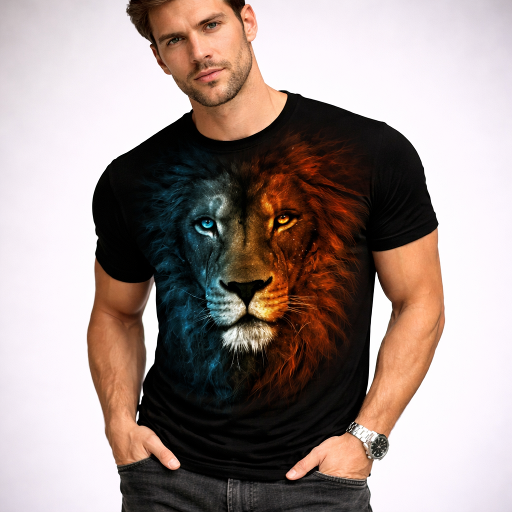 Mens 3D Lion Graphic T Shirt Fierce Lion Face Tee Crew Neck Short Sleeve thumbnail