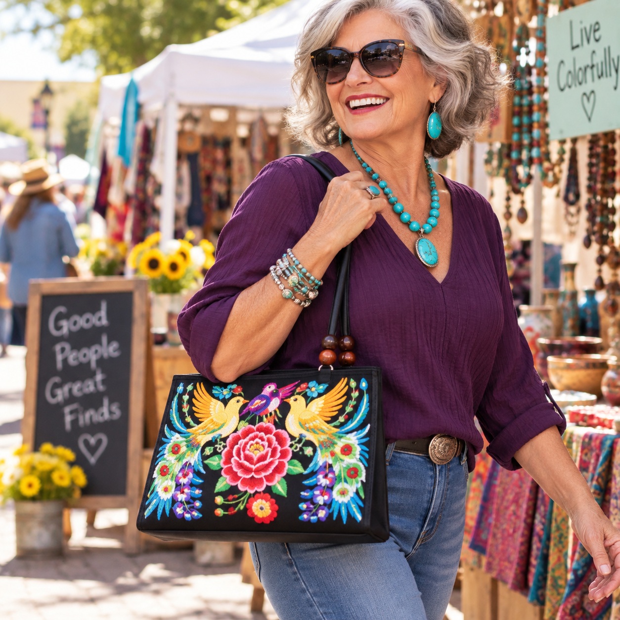 Gift for the Fun Grandma Colorful Embroidered Handbag Floral Bird Top Handle thumbnail