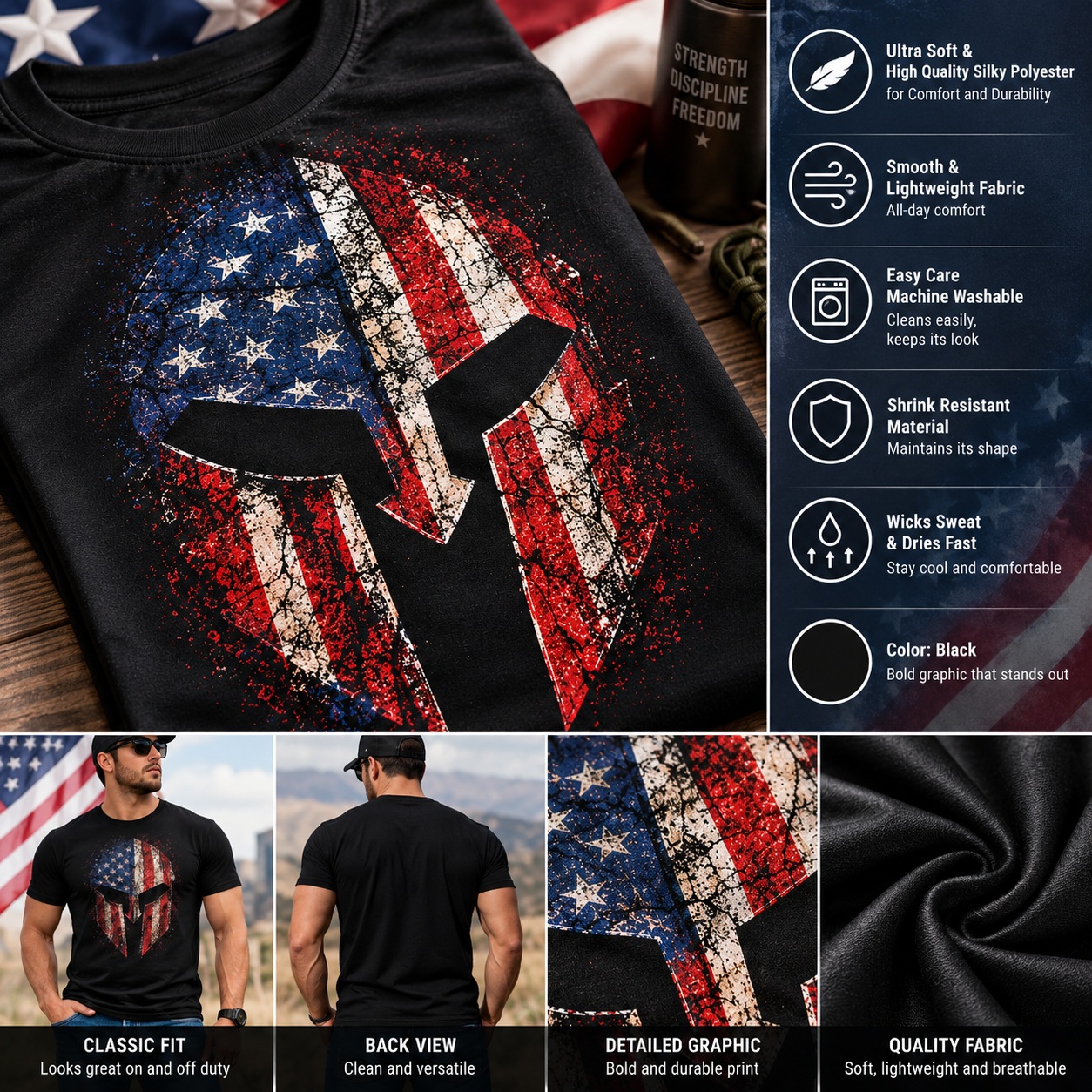 American Spartan T Shirt USA Flag Warrior Patriotic Mens Graphic Tee Men's Gifts thumbnail