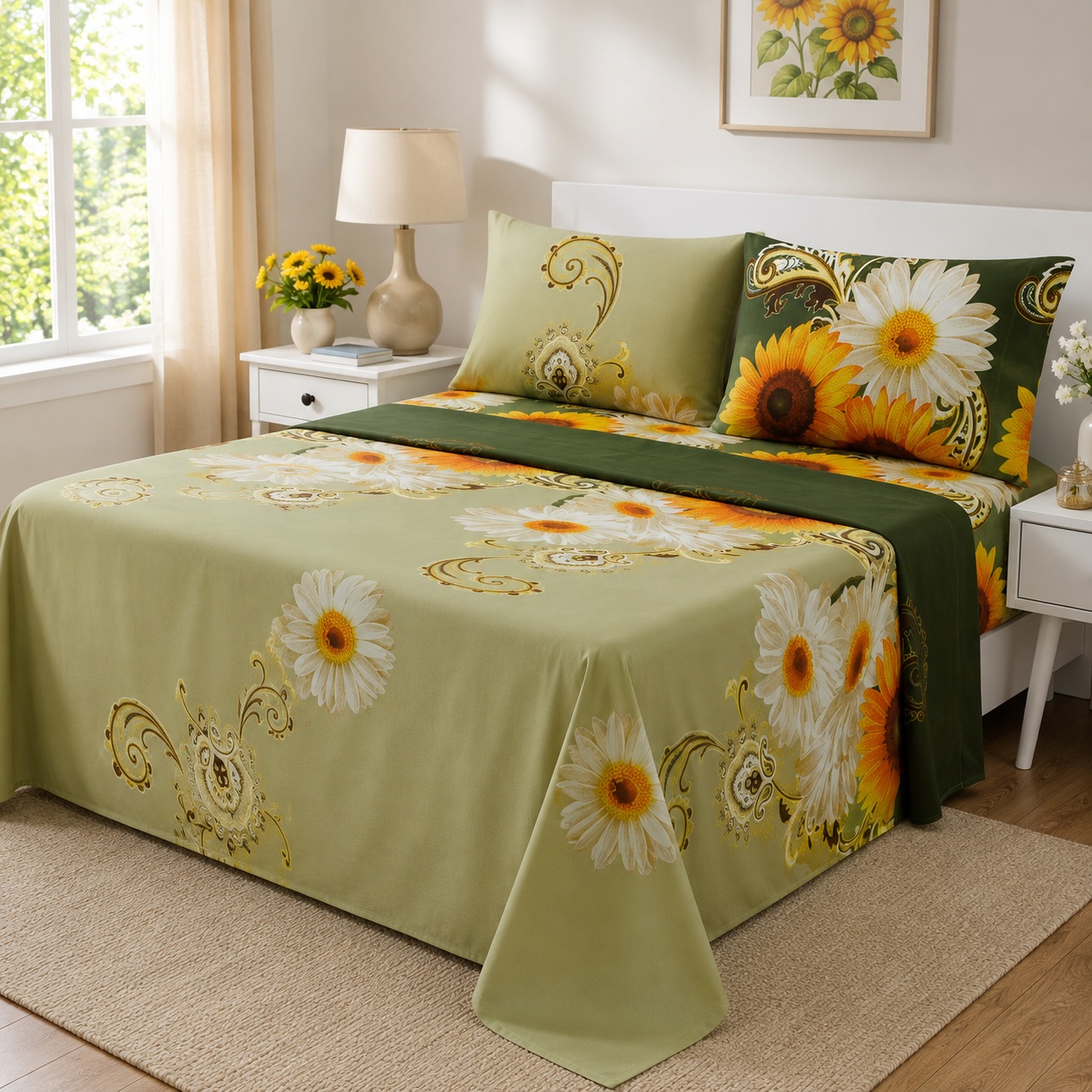 Floral Bed Sheet Set 4 Piece Yellow Daisy Sunflower Wrinkle Free Deep Pocket thumbnail