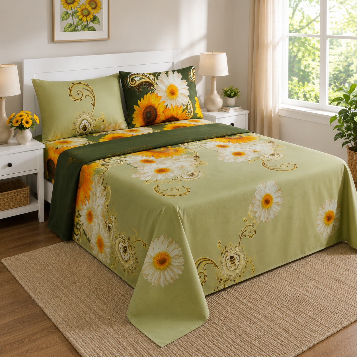 Floral Bed Sheet Set 4 Piece Yellow Daisy Sunflower Wrinkle Free Deep Pocket thumbnail