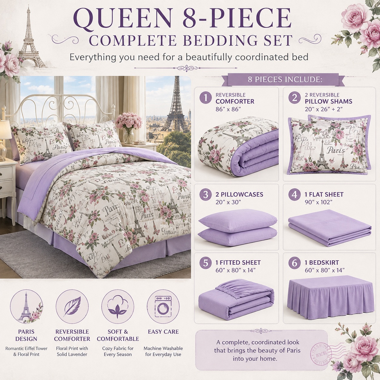Paris Floral Comforter Set Queen 8 Piece Eiffel Tower Parisian Bedding Set thumbnail