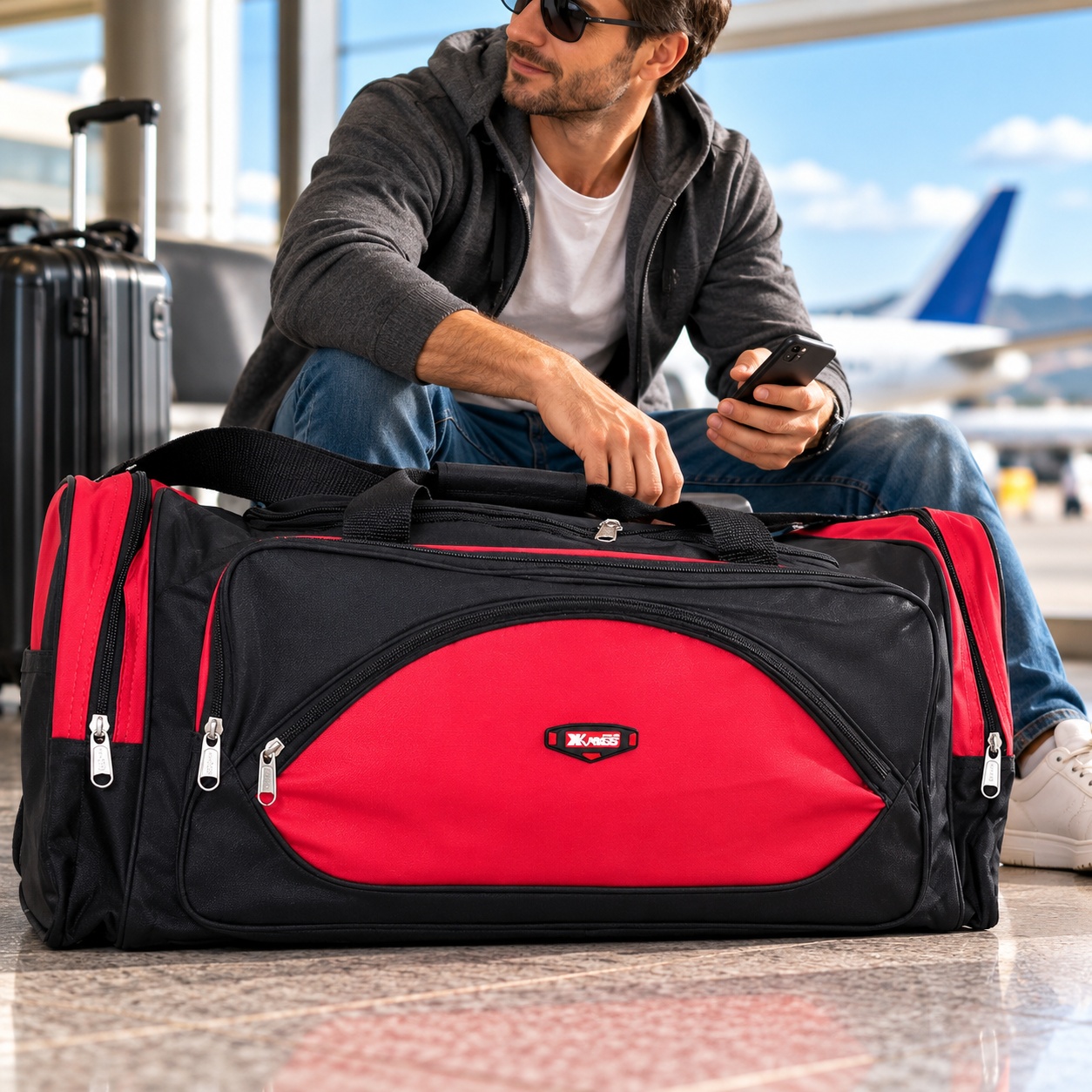 Large Travel Duffel Bag 28" Red Black Weekender Overnight Luggage Multi Pocket thumbnail