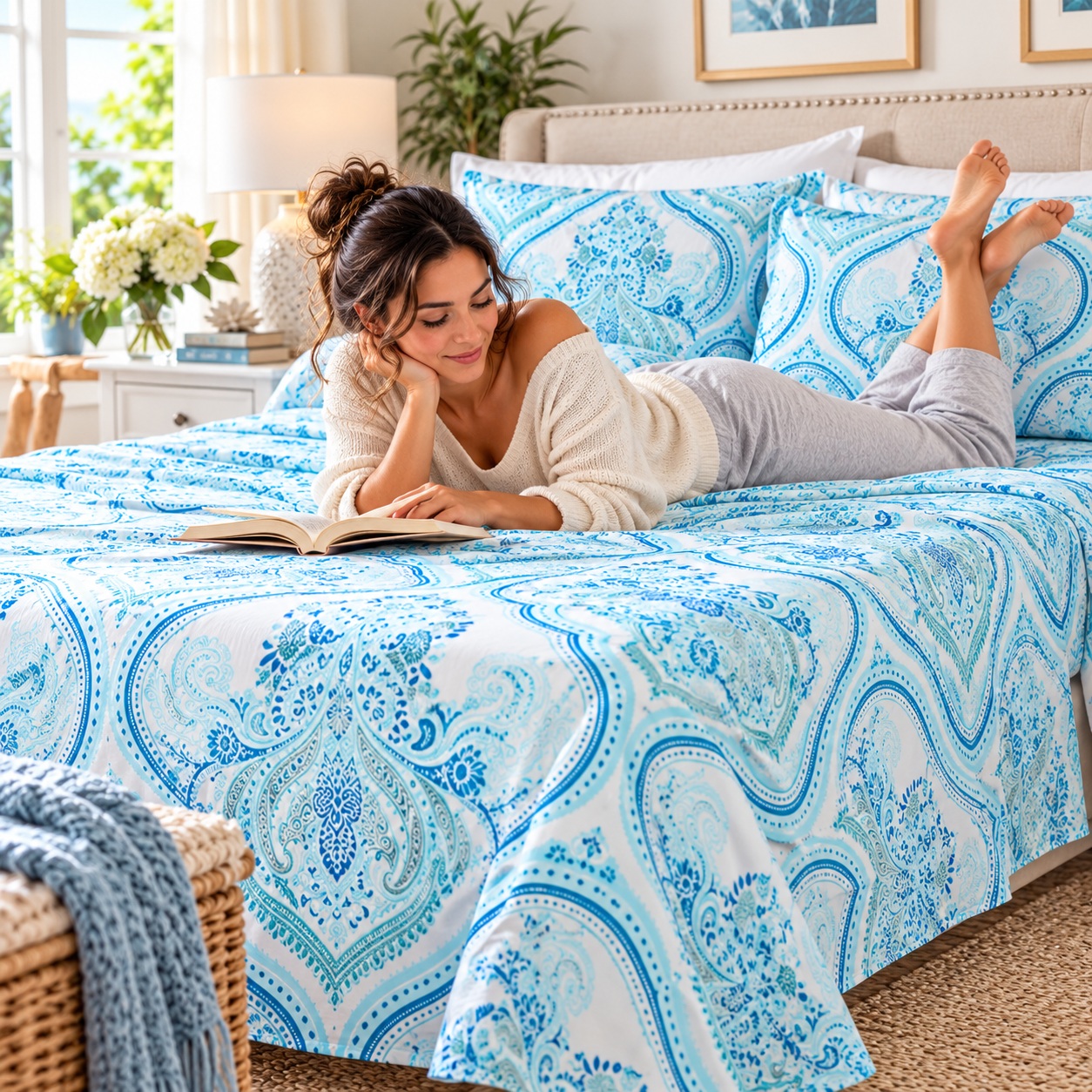 Printed Bed Sheet Set 4 Piece Blue Paisley Bright Fresh Bedroom Soft Luxury thumbnail