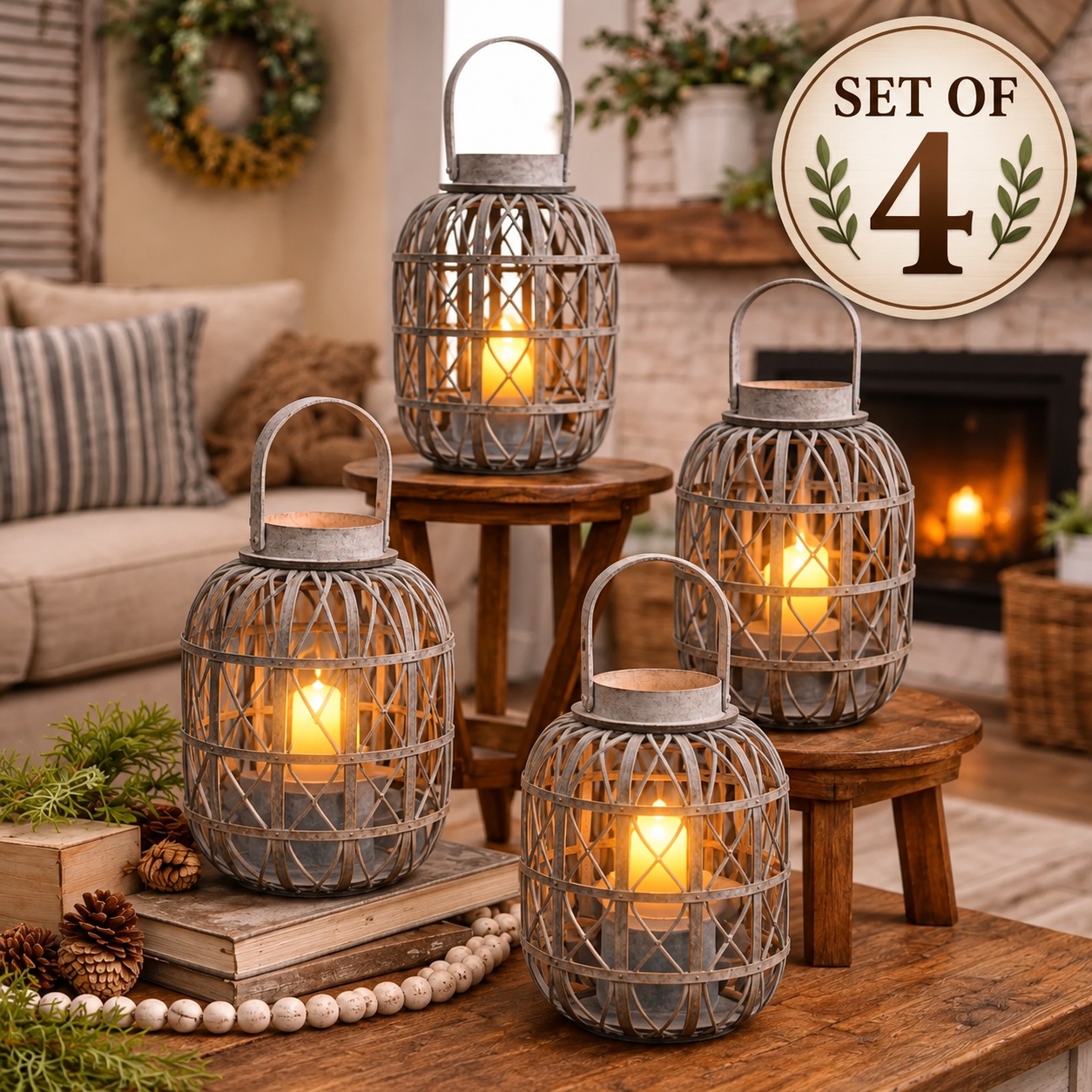 Rustic Wooden Lantern Set of 4 Farmhouse Candle Holders Indoor Outdoor Decor thumbnail