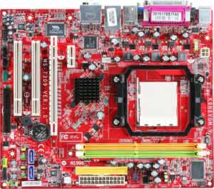 Microstar / MSI K9N6PGM-F MSI K9N6PGM-F Motherboard  Socket AM2 support AMD Athlon 64 X2/ Athlon 64/ Sempron processor  NVIDIA® MCP61 (P/S/V) chipset   1 PCI-E 16X run 8x  1 PCI-X 1x  2 PCI  DDR2  LAN  USB  IDE  SATA2   RAID  Firewire  Video  Audio  SPDIF  Micro-ATX Form Factor thumbnail