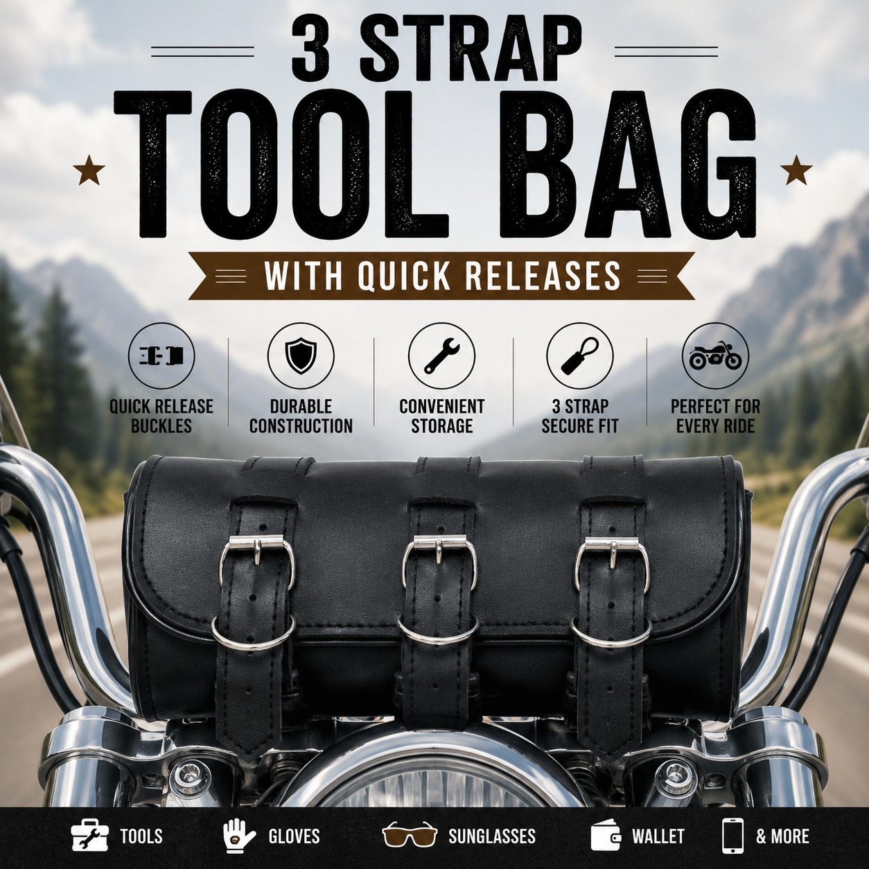 Vance Leather 3 Strap Plain Features Made of PVC Standard size to fit any bike Three buckle straps thumbnail