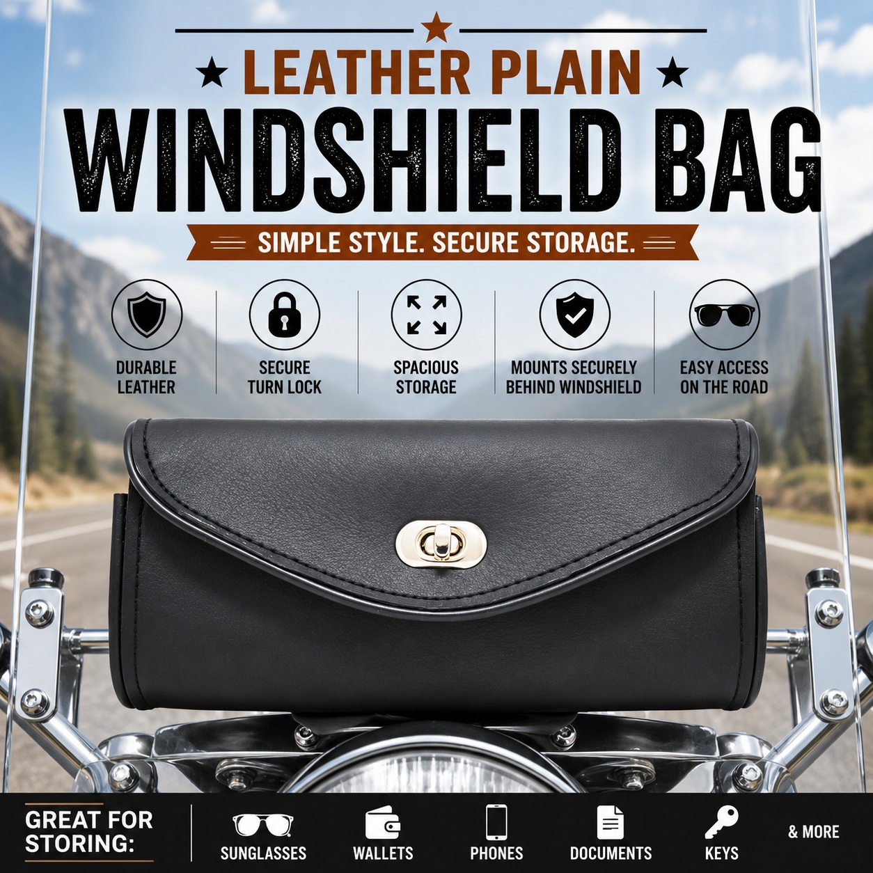Vance Leather Plain Windshield Bag This windshield bag is unadorned  and has a secure turn knob to close thumbnail