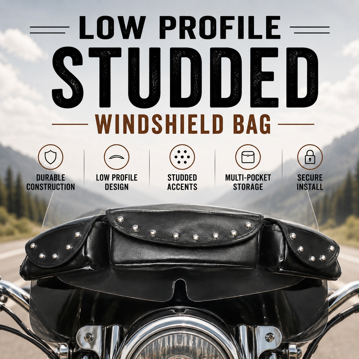 Vance Leather Low Profile Studded 3 Compartment Windshield Bag Handy bag attaches to the thumbnail