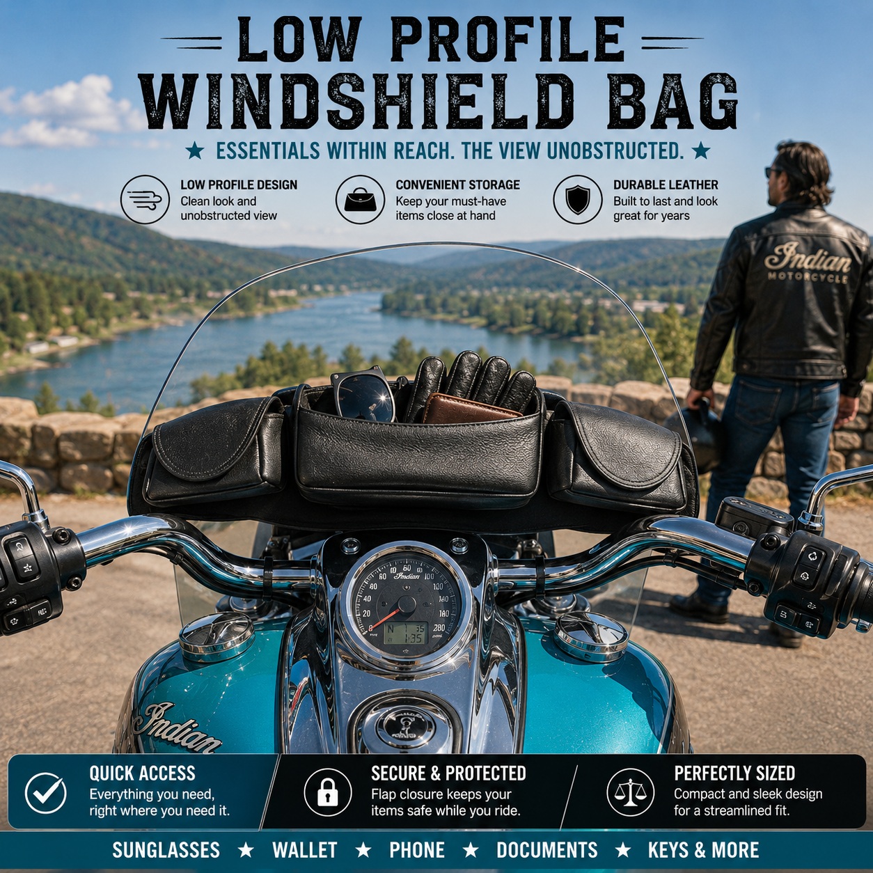 Vance Leather Low Profile Windshield 3 Compartment Bag Handy bag attaches to the thumbnail