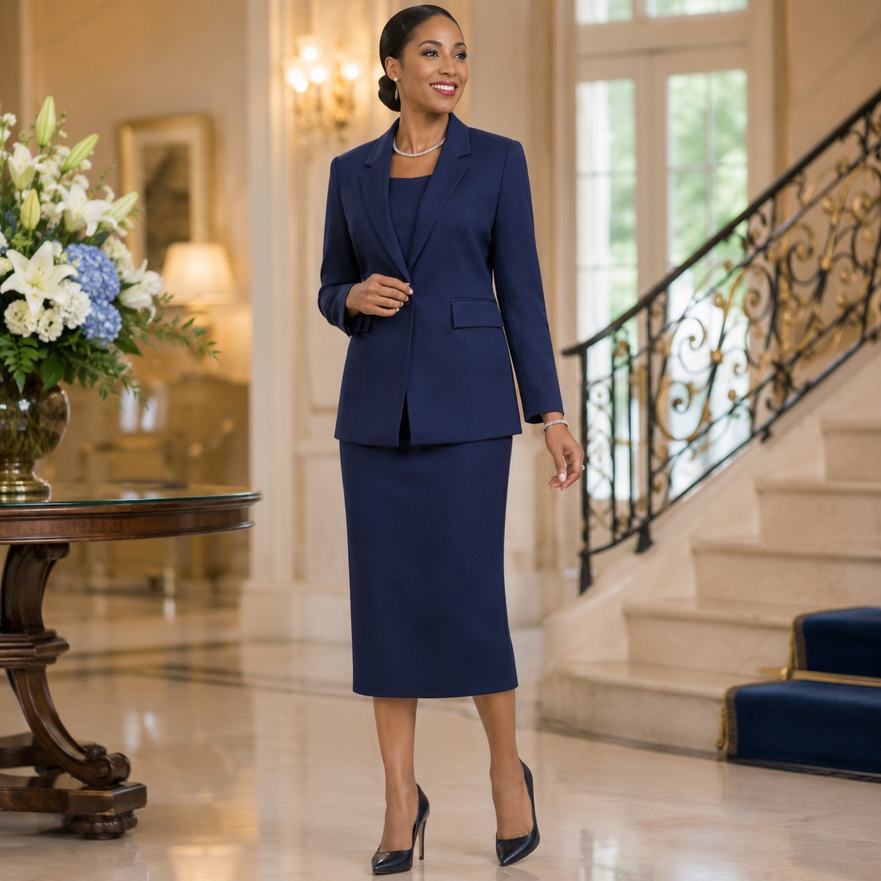 Timeless Women's Suit Featuring a Tailored Blazer and Matching Skirt for Formal Occasions thumbnail