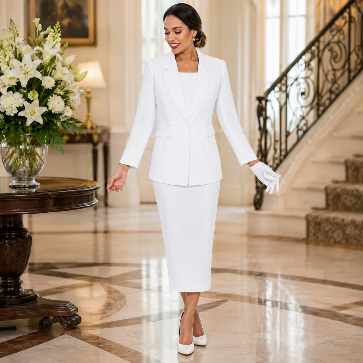 Timeless Women's Suit Featuring a Tailored Blazer and Matching Skirt for Formal Occasions thumbnail