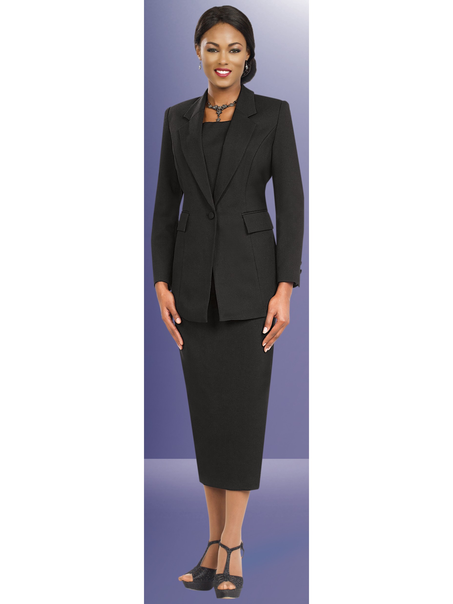 Women's Black Suit Featuring a Tailored Blazer and Matching Skirt for Formal Occasions thumbnail