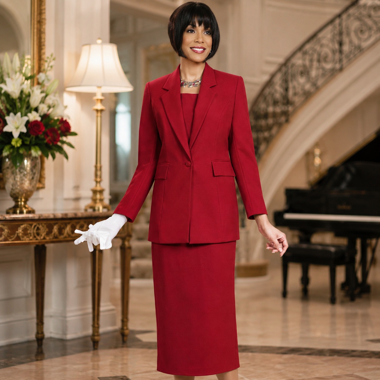 Timeless Women's Suit Featuring a Tailored Blazer and Matching Skirt for Formal Occasions thumbnail