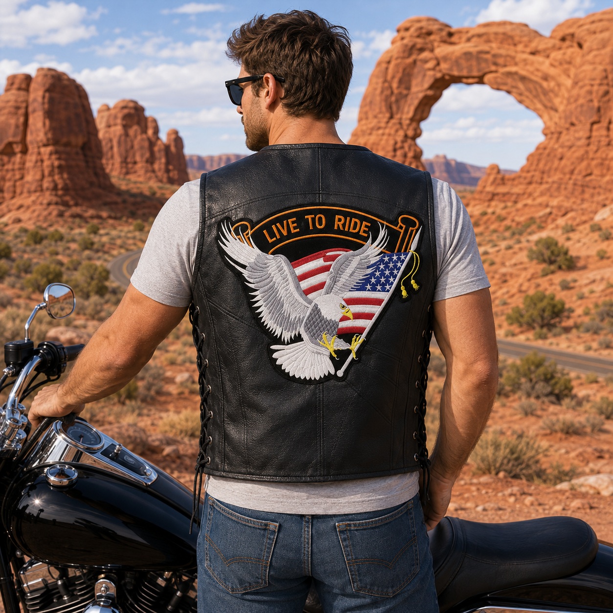 Genuine Leather Motorcycle Biker Vest Live To Ride Eagle USA Side Lace thumbnail