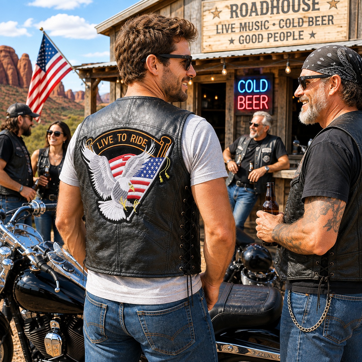Genuine Leather Motorcycle Biker Vest Live To Ride Eagle USA Side Lace thumbnail