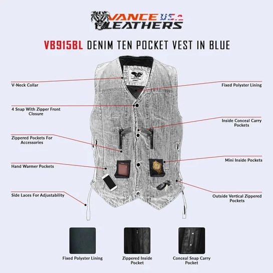 Vance Mens Blue Multi Pocket Side Lace Concealed Carry Blue Jeans Vest thumbnail