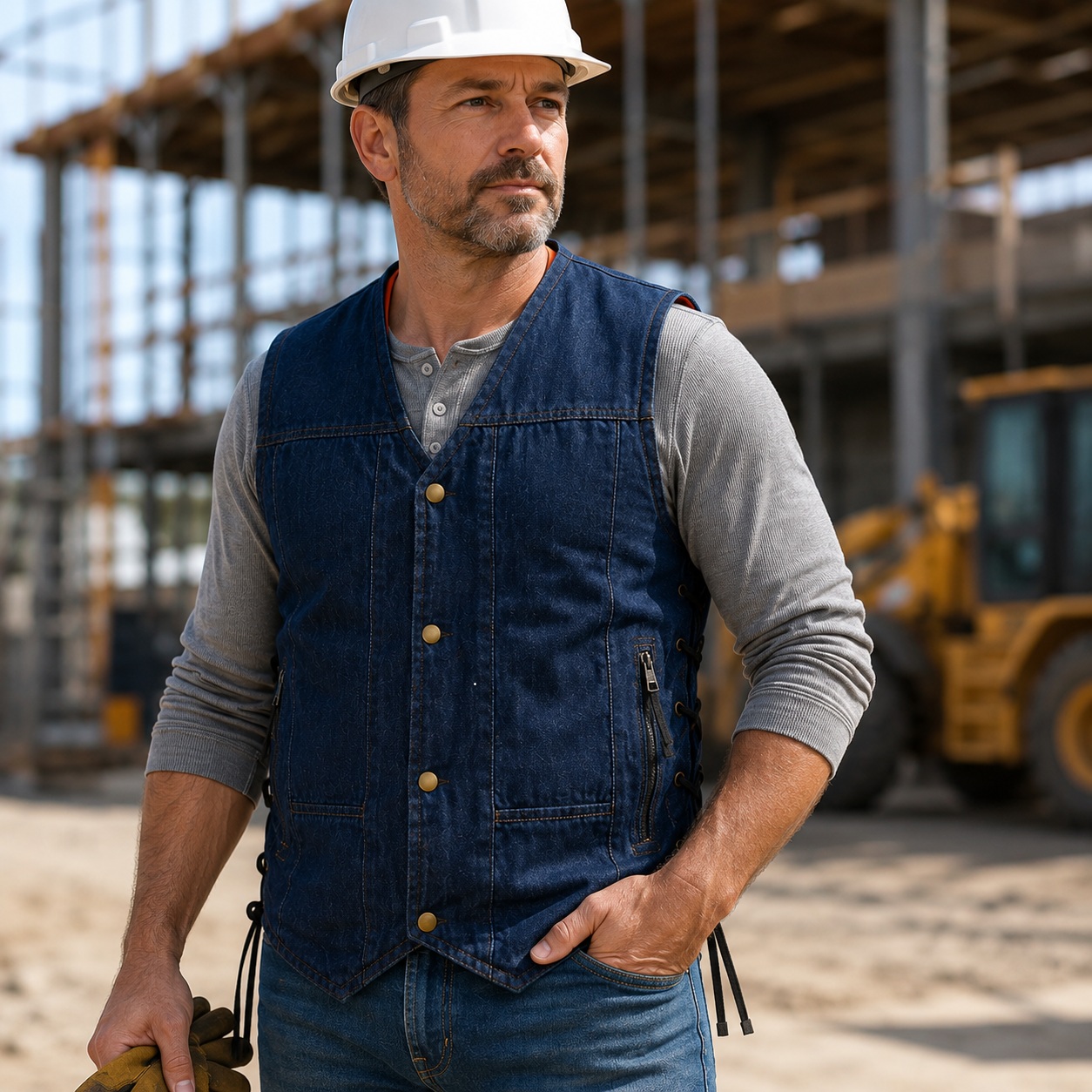 Vance Mens Blue Multi Pocket Side Lace Concealed Carry Blue Jeans Vest thumbnail