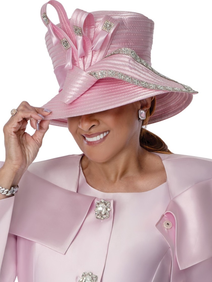Elegant Pink Church Hat for Women Stylish Wide-Brim Pink Church Hat with Fancy Satin thumbnail