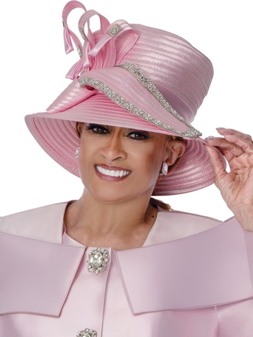 Elegant Pink Church Hat for Women Stylish Wide-Brim Pink Church Hat with Fancy Satin thumbnail