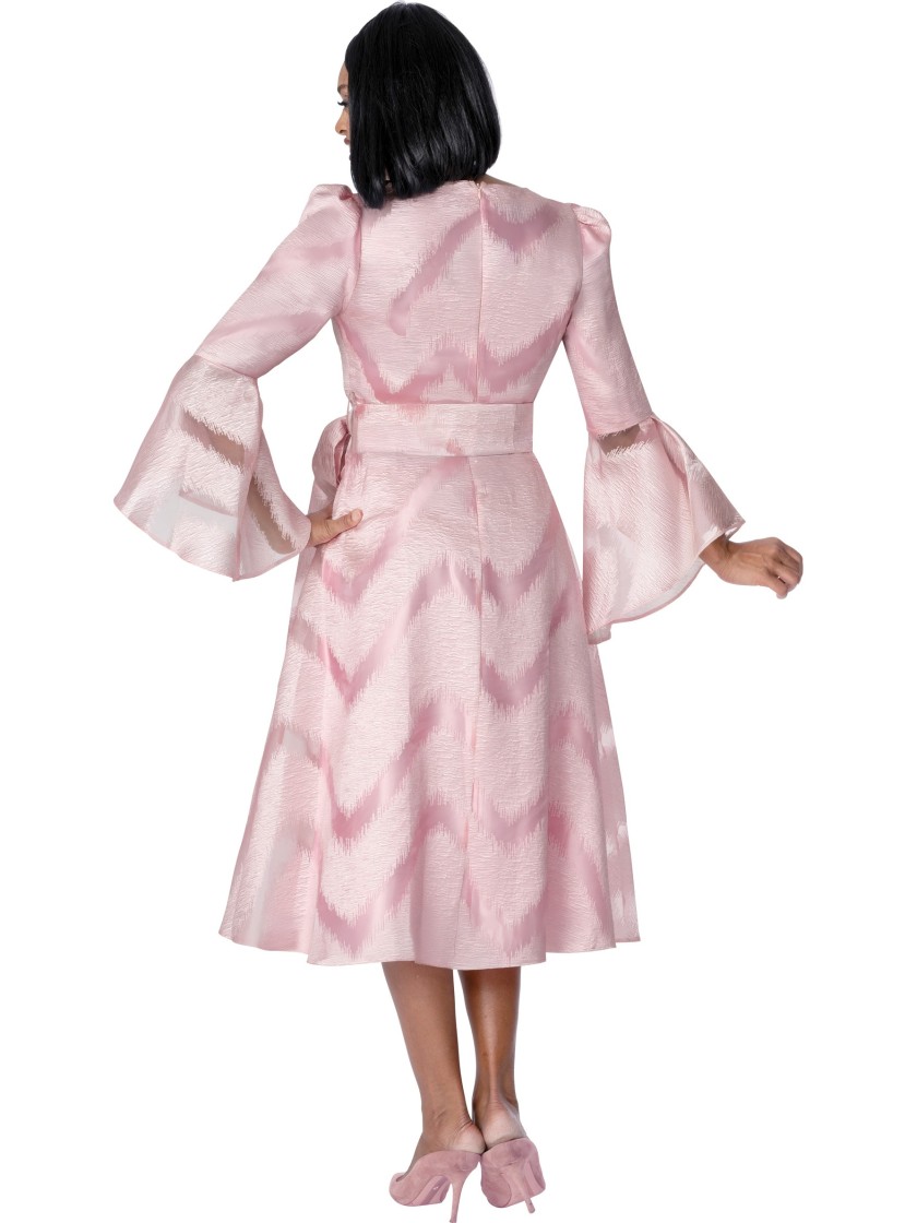 Elegant Pink A-Line Midi Church Dress with Bell Sleeves and flattering Belted Waist thumbnail