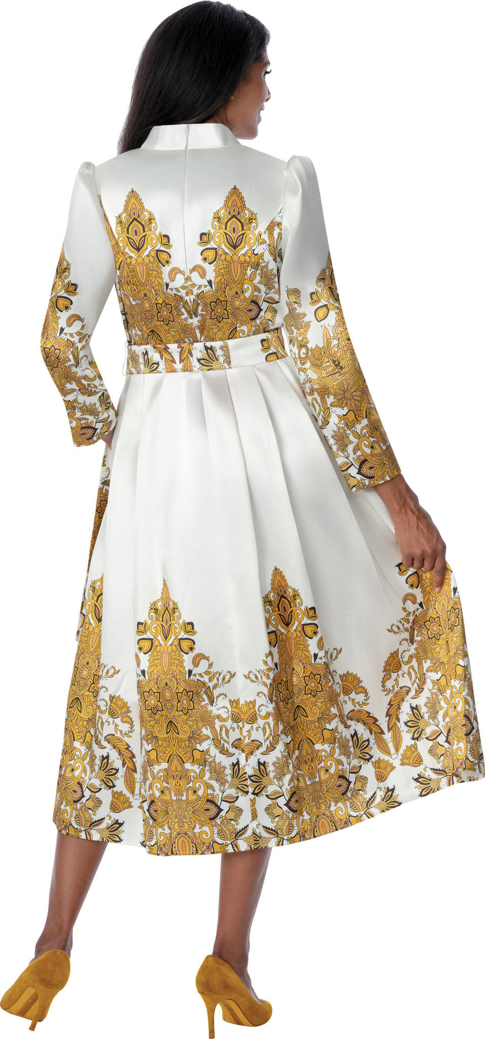 Elegant A-Line White and Gold Dress with Artistic Floral Pattern and Modest Fit thumbnail