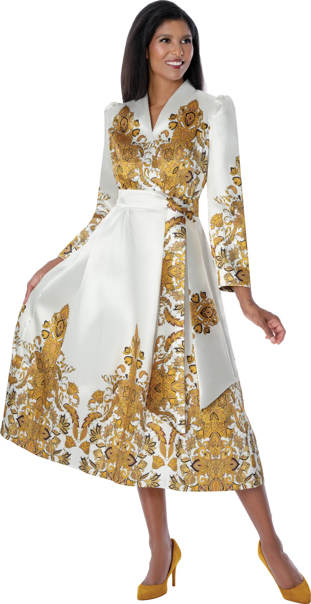 Elegant A-Line White and Gold Dress with Artistic Floral Pattern and Modest Fit thumbnail