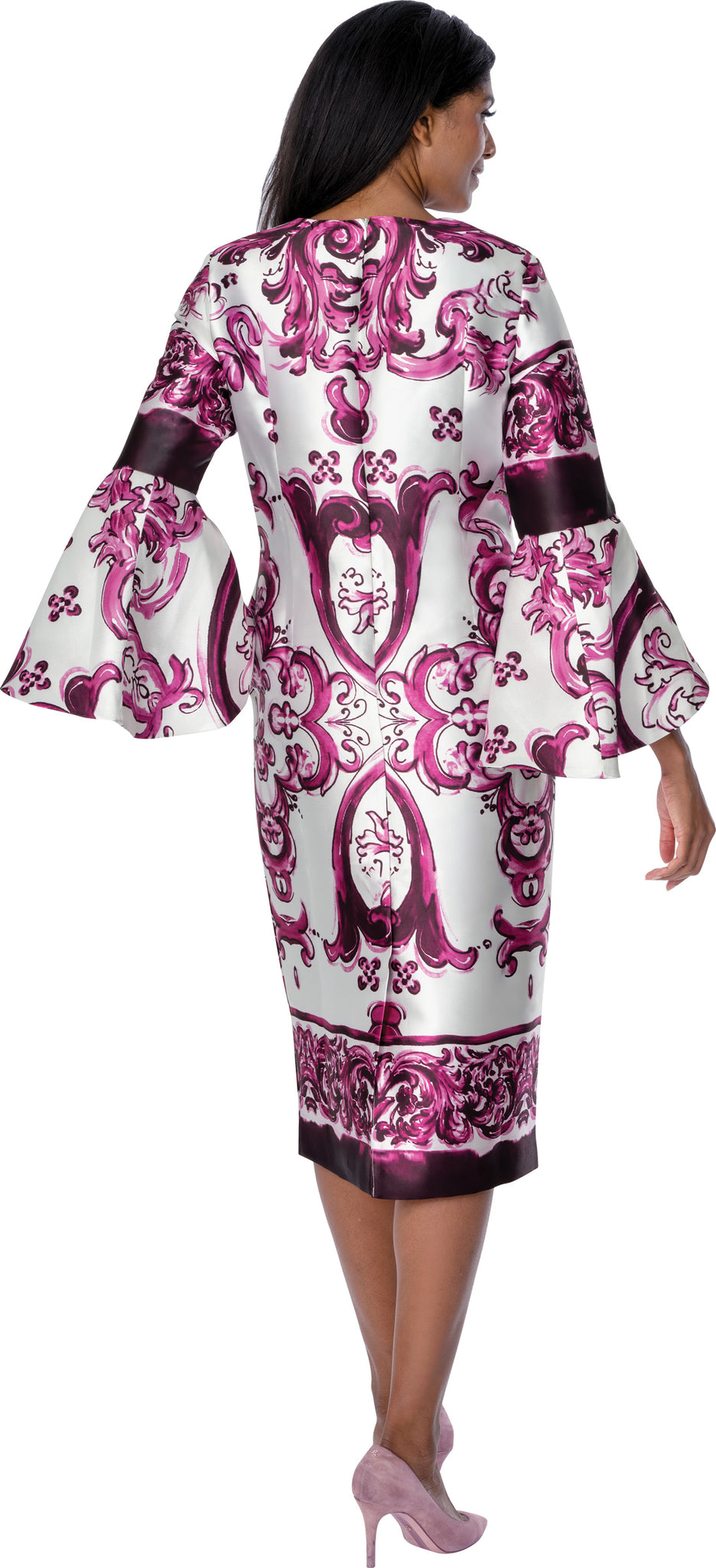 Elegant Purple White Floral Print Church Dress with Flare Sleeves & fitted silhouette thumbnail