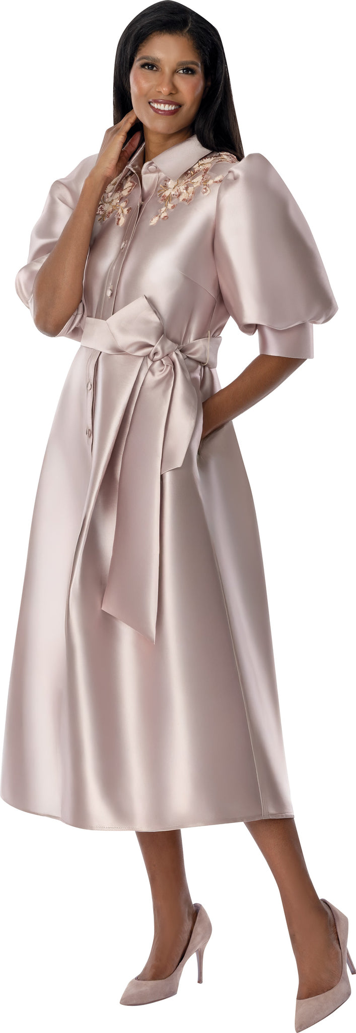 Graceful Champagne Church Dress for Women Elegant Satin Button-Front Midi Dress. thumbnail