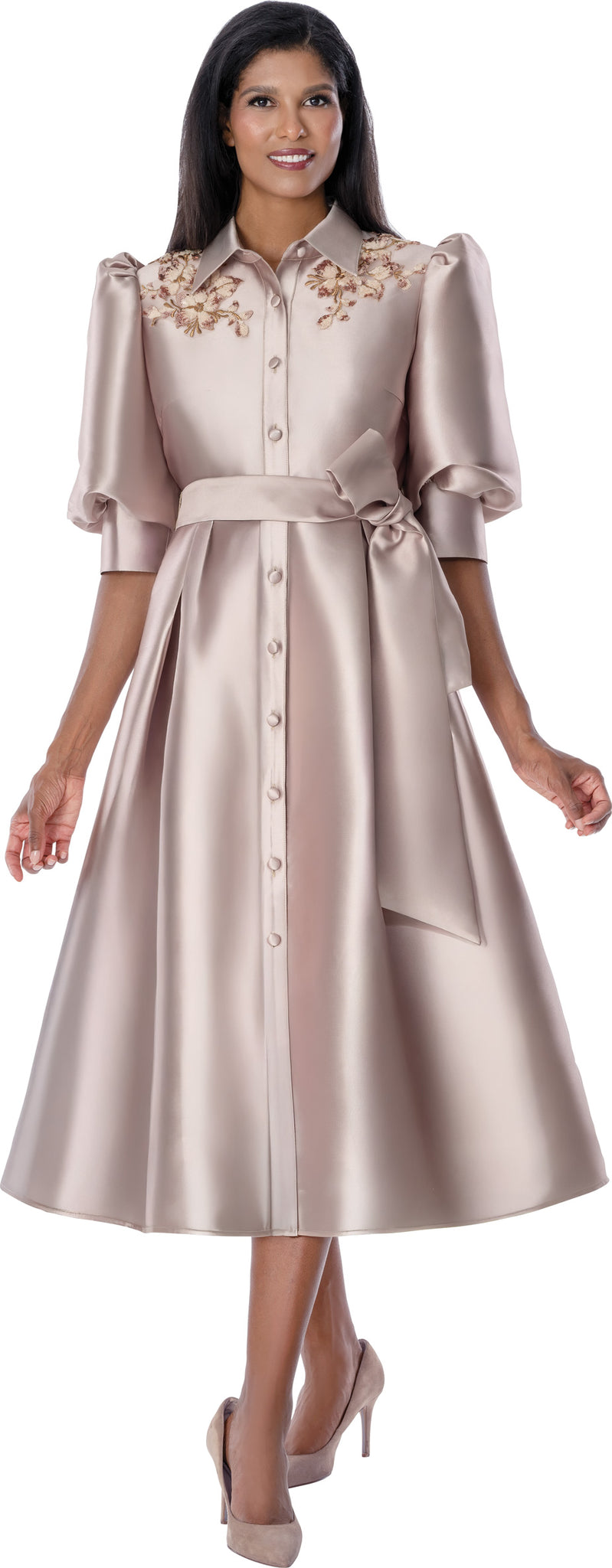 Graceful Champagne Church Dress for Women Elegant Satin Button-Front Midi Dress. thumbnail